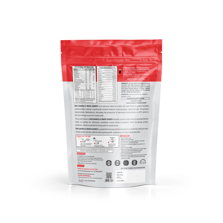Back view of DNA Anabolic Mass Gainer 900g package showing nutritional information and ingredients for muscle growth.