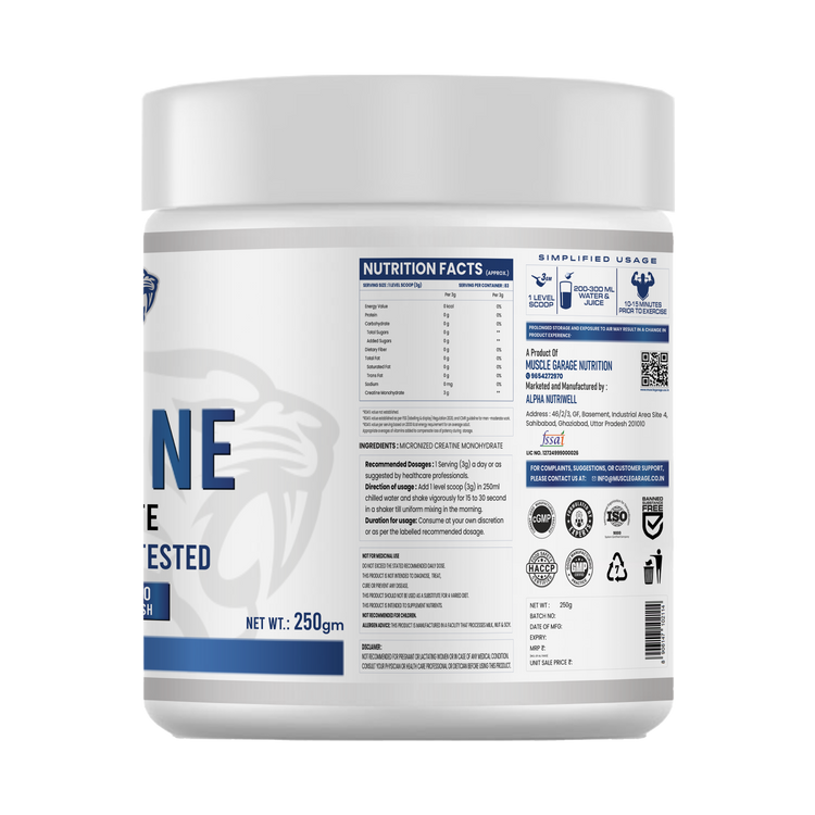MG Creatine Monohydrate Powder – 250g (Unflavoured) | Ultra Pure HPLC-Tested