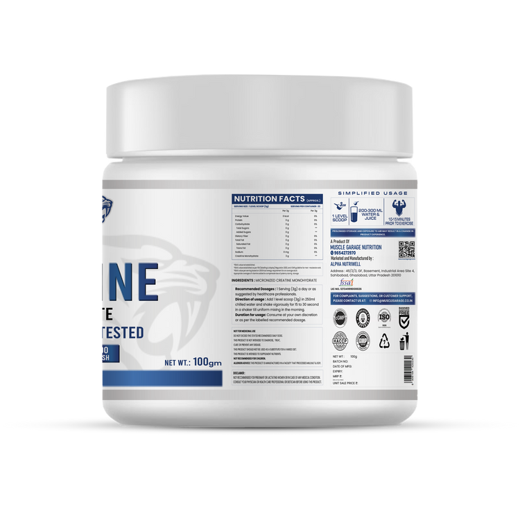 MG Creatine Monohydrate Powder – 100g (33 Servings) | Ultra Pure HPLC-Tested