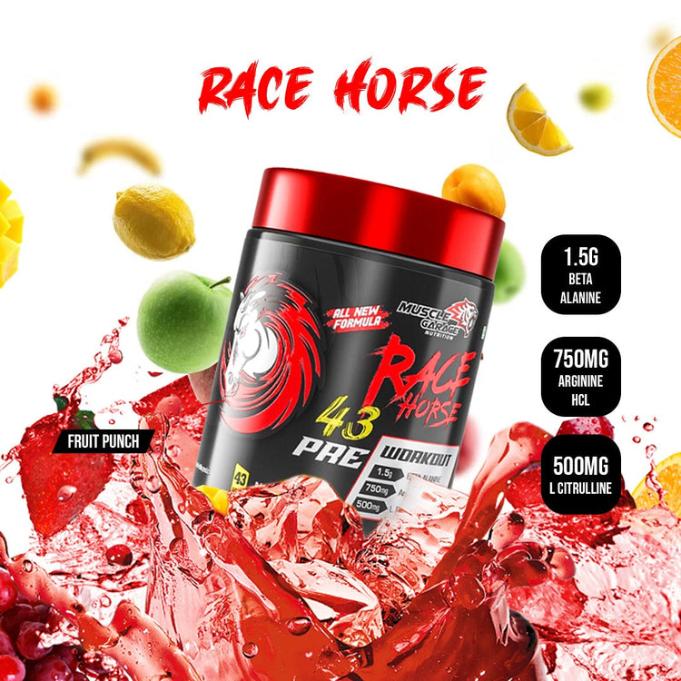 🎁 MUSCLE GARAGE RACEHORSE PRE-(151GM, 43 SERVINGS) - FRUIT PUNCH