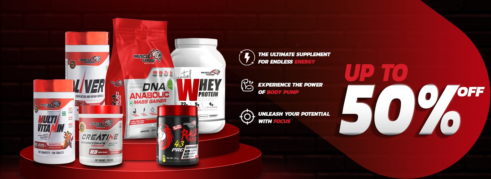 "muscle garage product whey protein dna anabolic mass gainer creatine multivitamin race horse" 
