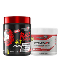 Muscle Garage combo of Racehorse Pre-Workout 151g and Creatine Monohydrate 100g for enhanced athletic performance.