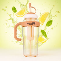 Clear tumbler with handle and straw lid on a yellow background with lemon slices and mint leaves.