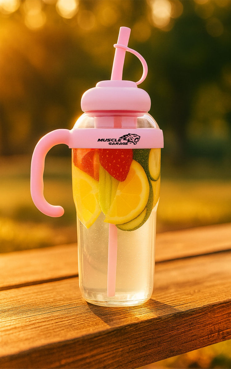 Glass water bottle with pink lid and handle, filled with fruit slices on a wooden surface.