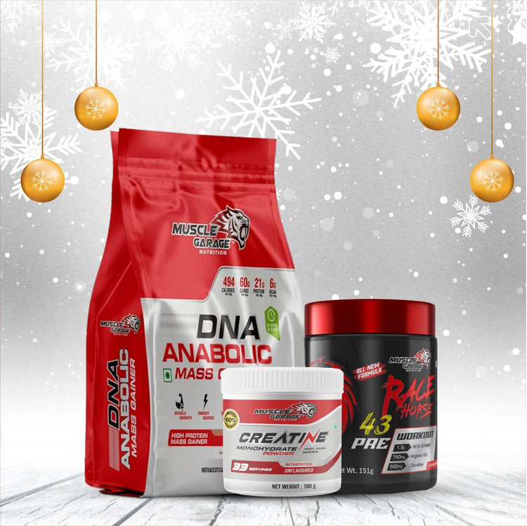 Christmas Combo: DNA Anabolic Gainer 2.7Kg + Racehorse Pre + Creatine 100Gm