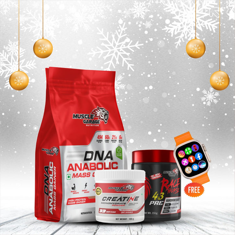 Christmas Combo: DNA Anabolic Gainer 4.5 Kg + Creatine 100Gm + Race Horse Pree & Get Free Smartwatch